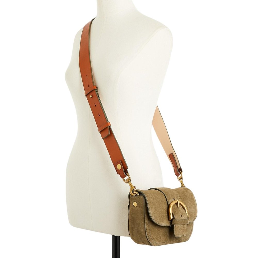 J. Crew Crossbody buckle bag Italian suede olive green tan strap leather J7204